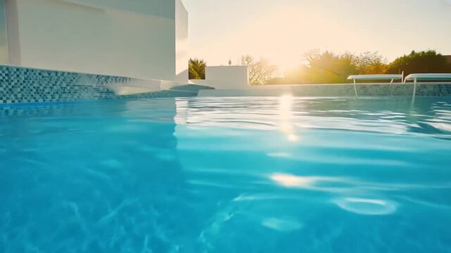 A luxurious pool video transitions from above the surface during golden hour to an underwater view, capturing the sun's dazzling reflections and shimmering light patterns on the turquoise water.