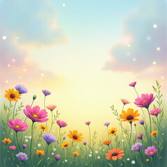 Obraz premium Colorful flowers in a field against a soft sky during sunset near a gentle breeze