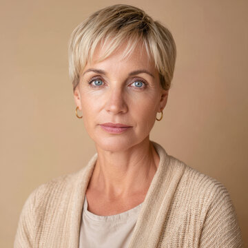 Elegant Luxembourgish woman with short blonde hair and warm expression