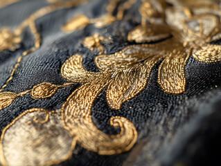 Extreme close up of luxurious gold embroidery on dark woven fabric lunar