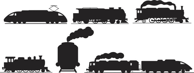 Silhouette of six different trains including steam locomotives, diesel engines, and modern electric rail, symbolizing transportation history, railway technology,  evolution of locomotive design © MIJANUR