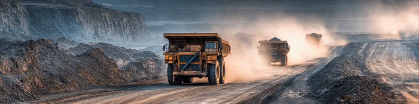 Massive trucks haul coal through the dusty landscape of a vast open-pit mine, showcasing the scale of the excavation and the coal reserves within.
