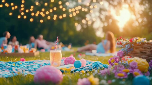 Golden hour outdoor celebration with friends, enjoying refreshing drinks and festive decor under canopy of twinkling lights