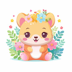 Fototapeta premium cute, chibi, animal, floral, sticker, isolated, flowers, pastel colors, decorative, kawaii, nature theme, adorable, character design, white background, vibrant colors, cartoon animal, spring theme