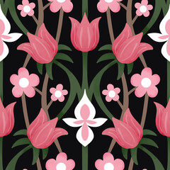 Cotton fabric Seamless pattern with hand painted pink tulips and spring flowers on black background in art nouveau botanical style for textile and wallpaper