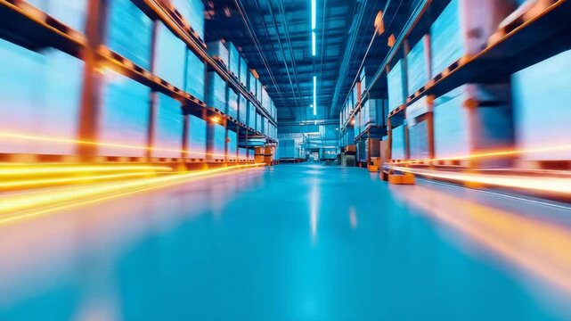Automated warehouse aisle with motion blur and glowing streaks, signifying speed and efficiency in logistics.