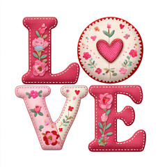 The 14th of February. Pink patchwork-text on a white background "Love".