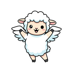 Obraz premium Cute cartoon sheep angel flying with wings, happy smiling character, soft pastel colors, vector illustration