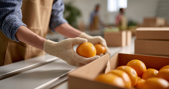 Worker wearing gloves packing fresh oranges into cardboard boxes on a conveyor belt in a fruit processing facility