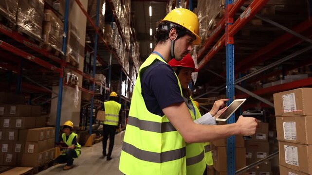 Digital tablet and barcode scanner wielding warehouse workers managing inventory efficiently within bustling distribution center using advanced technology for seamless logistics tracking