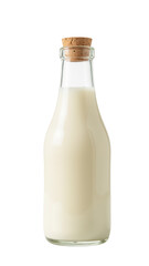 Fresh milk in glass bottle with cork stopper, showcasing its creamy texture and inviting appearance. Perfect for culinary uses or beverages