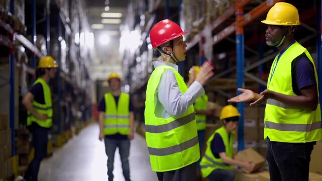 Two warehouse workers, a woman and a man, wearing safety vests and helmets, are having a discussion in a busy warehouse aisle, gesturing and communicating about logistics and inventory