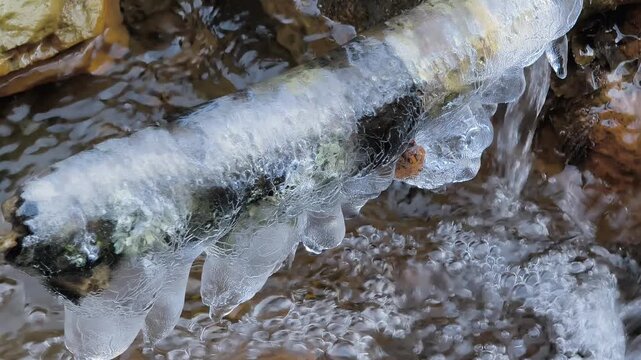 Ice and frost on the stream in winter.