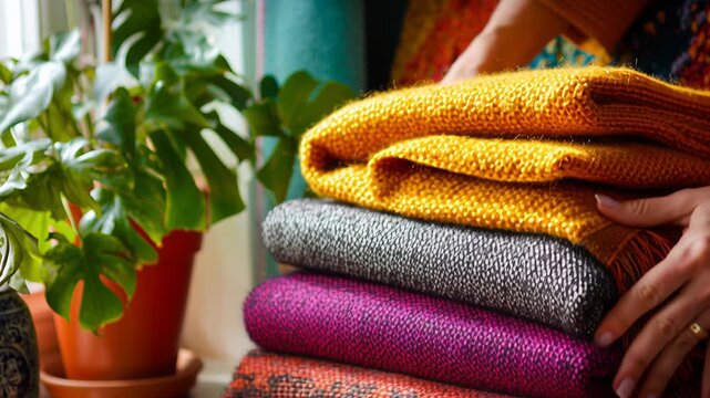 Colorful winter lifestyle weekend relaxation at home, cozy indoor scene, vibrant blankets and cushions, warm natural light, calm and joyful weekend atmosphere, commercial editorial photography
