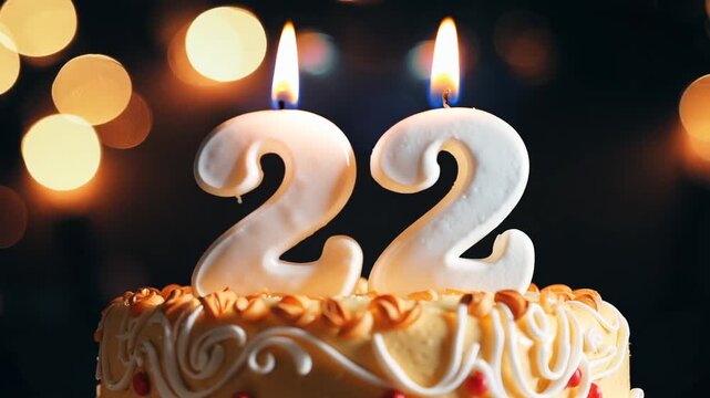 A continuous close-up video features a birthday cake celebrating a 22nd birthday, centered on the lit '22' candles against a dark background with warm, shimmering bokeh lights.