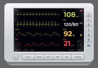 Vector illustration of medical ECG monitor interface displaying ecg, spo2 and respiration indicators for patient vital signs monitoring in modern healthcare system
