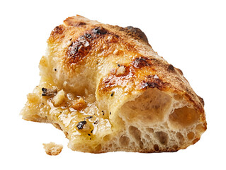 Torn crust corner showing crackly exterior and pillowy interior, crumbs clinging to truffle oil gloss