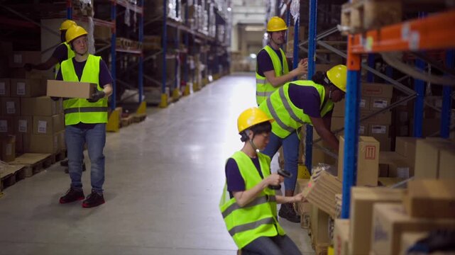 Efficient warehouse workers wearing safety vests and helmets collaborate, passing boxes and scanning packages to maintain accurate inventory control in a busy distribution center