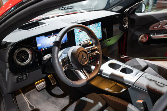 Zurich Auto Show, Switzerland, October 31, 2025. New Mercedes Benz C 174 fully electric CLA interior view at the Auto Zurich car show. Wide angle, close up shot