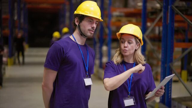 Two warehouse workers, wearing protective helmets and identification badges, are discussing logistics, using a digital tablet to check inventory or manage orders