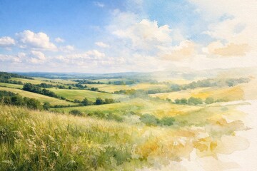 Countryside Landscape Transitioning into Watercolor