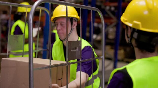 Warehouse workers wearing safety vests and hard hats are checking and moving cardboard boxes on rolling cages in a busy warehouse environment