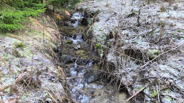 Ice and frost on the stream in winter.