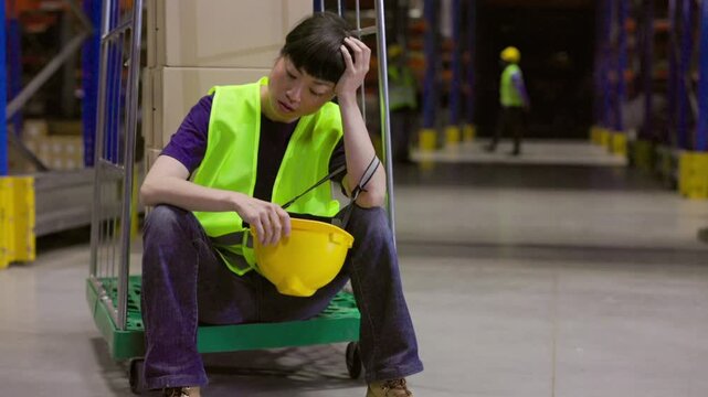 Exhausted female warehouse worker in reflective vest sitting on a trolley, holding her head, taking a break from work in a large distribution center