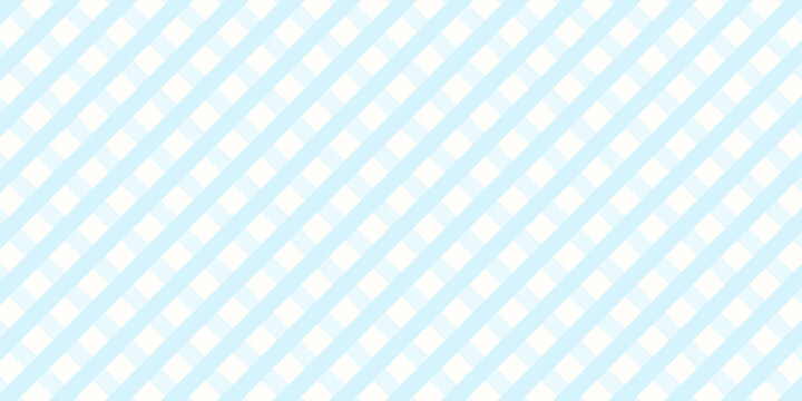 Seamless gingham checker pattern in soft blue and white, pastel diagonal repeats square background. Stripe checks design for textile, baby, and nursery product.