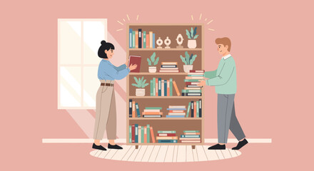 Couple organizing books on a bookshelf. © mboku