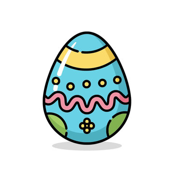 A colorful cartoon doodle of a decorated light blue Easter egg with yellow, pink, and green patterns.