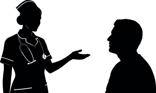 Nurse or Healthcare Professional Consulting with Patient Silhouette; Medical Practitioner, CNA, or Clinical Assistant (Nursing/Societas Medica) vector illustration.