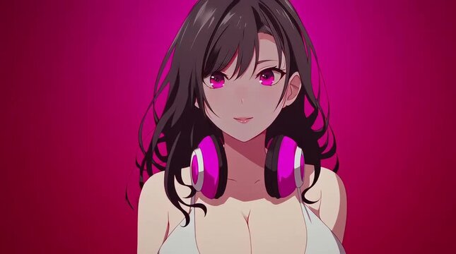 Animation of Big Chest Anime DJ Woman Wearing Headset Performing at Night Party
