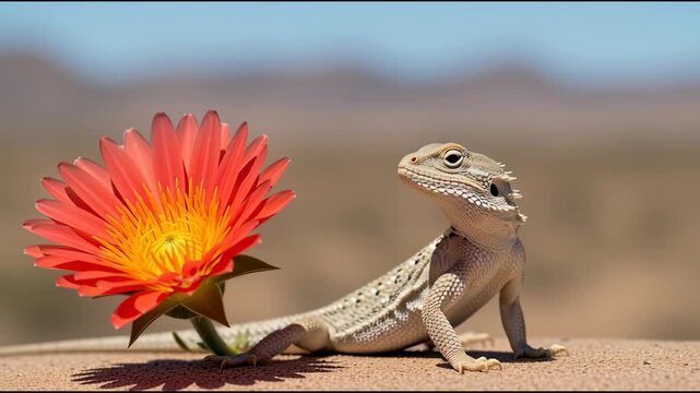 Desert lizard and red flower in bright sunlight close up