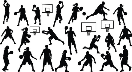Basketball player silhouettes set showing dribbling, shooting, dunking and passing actions, dynamic male and female athletes sports vector isolated on white background © MD. NUR ISLAM