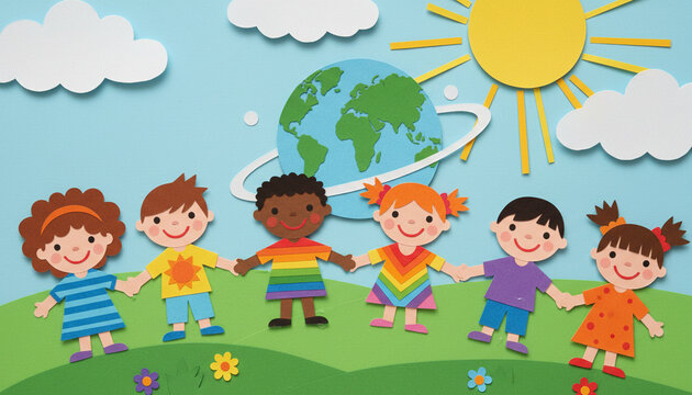 Children holding hands around the earth with smiling faces
