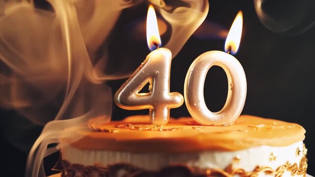 A close-up shot of a birthday cake featuring number 40 candles burning brightly against a dark backdrop. Golden smoke swirls dramatically around the cake, celebrating a 40th birthday or anniversary.