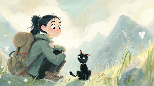 2D video minimal flat illustration of a smiling woman with black ponytail and big expressive eyes, sitting by a backpack in alpine meadows, cat nearby, warm pastel tones, vintage storybook