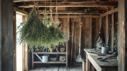 Green herb bundles dangle from the rustic sheds ceiling beams. The old sheds interior has wooden beams, tools, and a workbench with metal items.