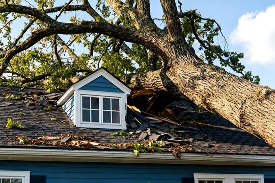 Large fallen tree crushing a house roof after a Florida hurricane, showing severe storm damage, residential destruction, climate impact, disaster aftermath, and home recovery needs.