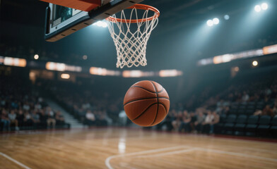 A basketball in mid-air approaching the hoop during a game in a brightly lit indoor arena with spectators in the background