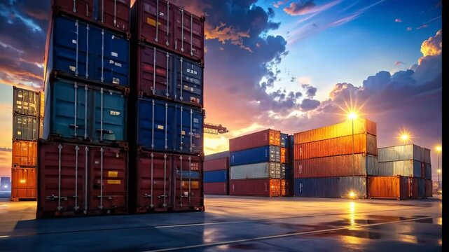 Shipping containers stacked at a port terminal during a vibrant sunset, showcasing global trade.