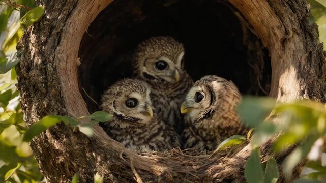 Three owlets peek out of a tree hollow nest surrounded by leaves