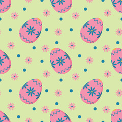 Holiday pattern with colorful Easter eggs and flowers on green background