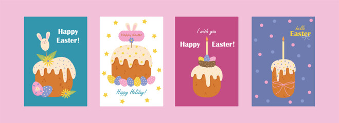 Cute Easter greeting cards with cakes, eggs and bunny