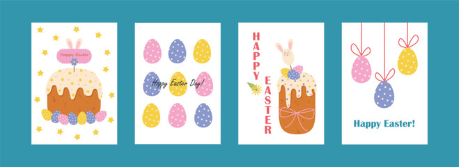 Easter greeting cards with cute cakes, eggs and rabbits