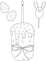 Cute Easter cake coloring page with bunny and eggs