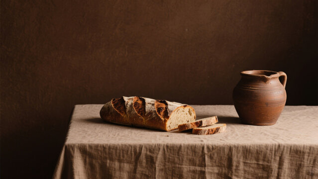 A rustic loaf of bread with a sliced piece on a linen tablecloth, accompanied by a clay jug against a dark brown background