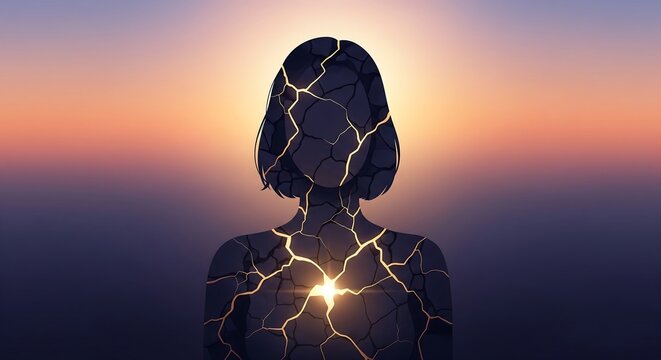 Cracked silhouette of woman with glowing light from within
