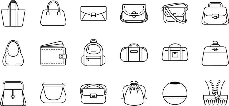 A collection of minimalist line icons representing various types of bags and accessories